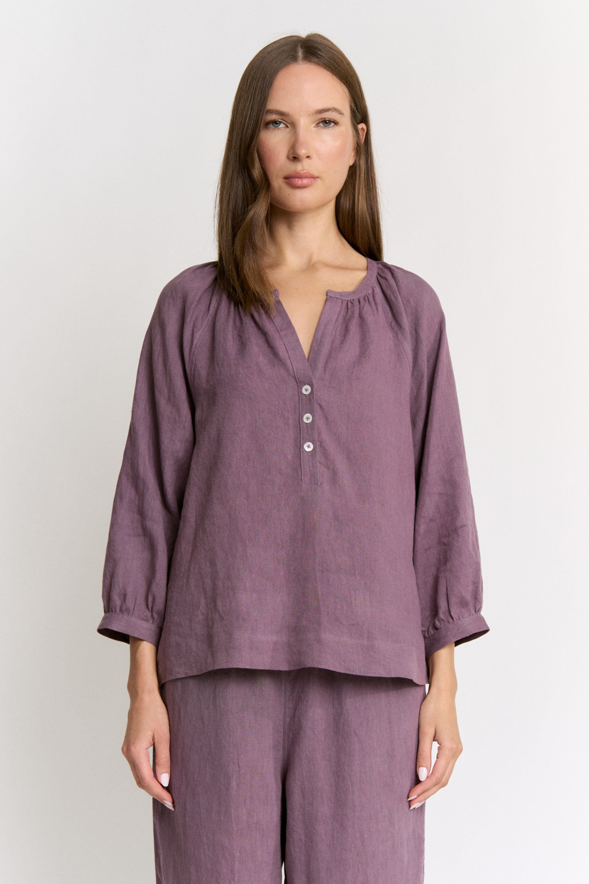 Cochineal Dyed Linen Gathered Neck Top