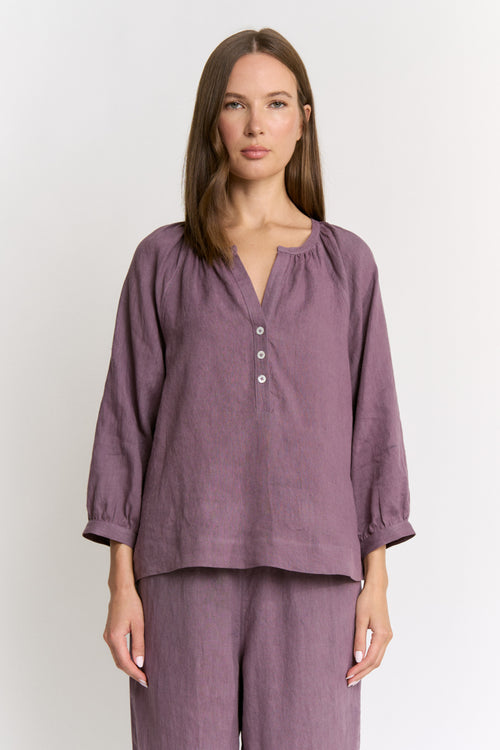 MORA TOP — Cochineal Dyed Linen Gathered Neck Top