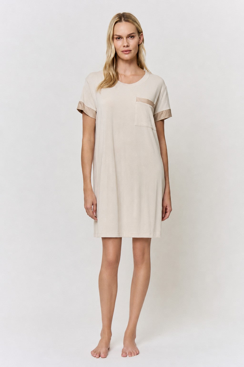 Walnut Shell Dyed Modal T-Shirt Dress with Silk Trim