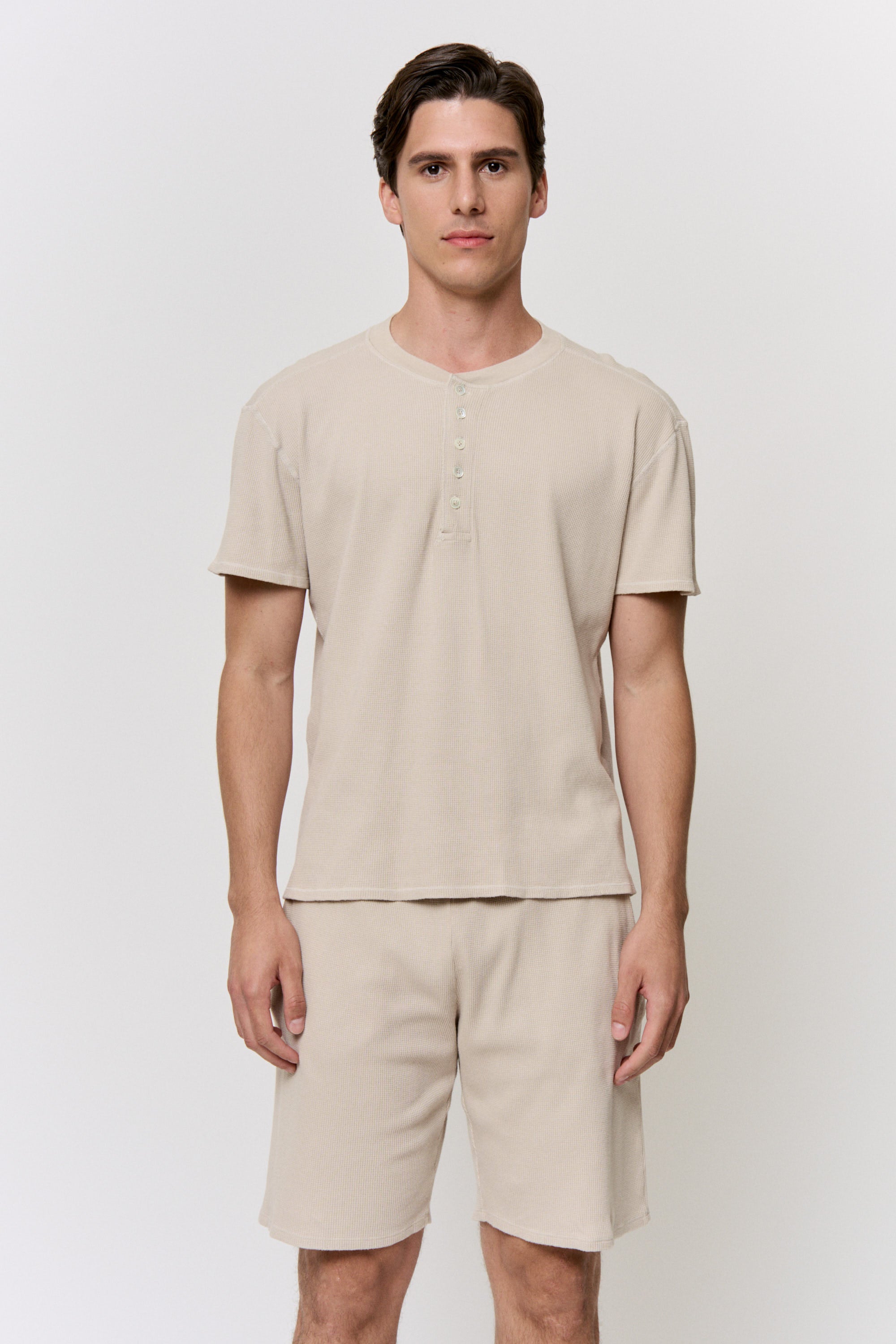 Walnut Dyed Cotton Modal Waffle Henley T-Shirt