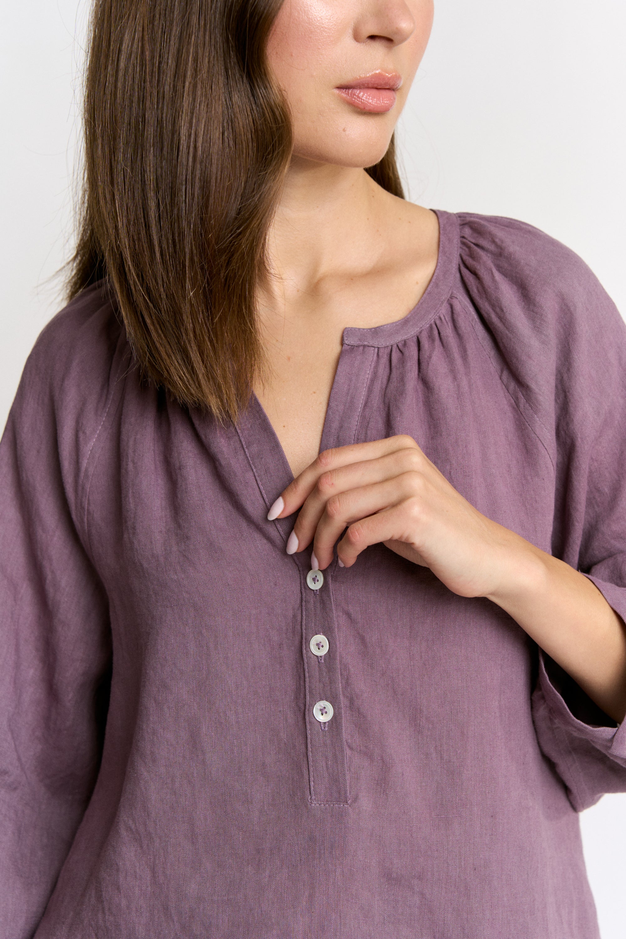 Cochineal Dyed Linen Gathered Neck Top