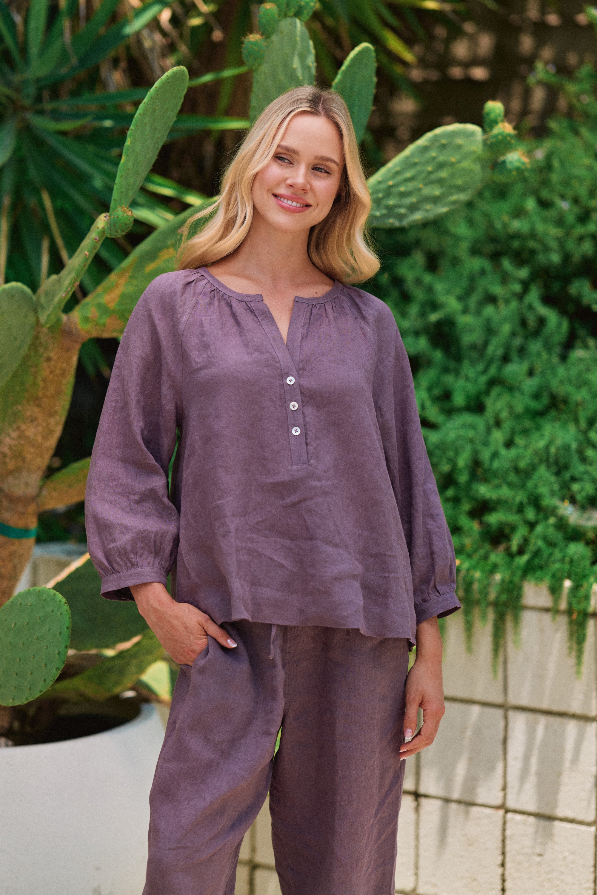 Cochineal Dyed Linen Gathered Neck Top