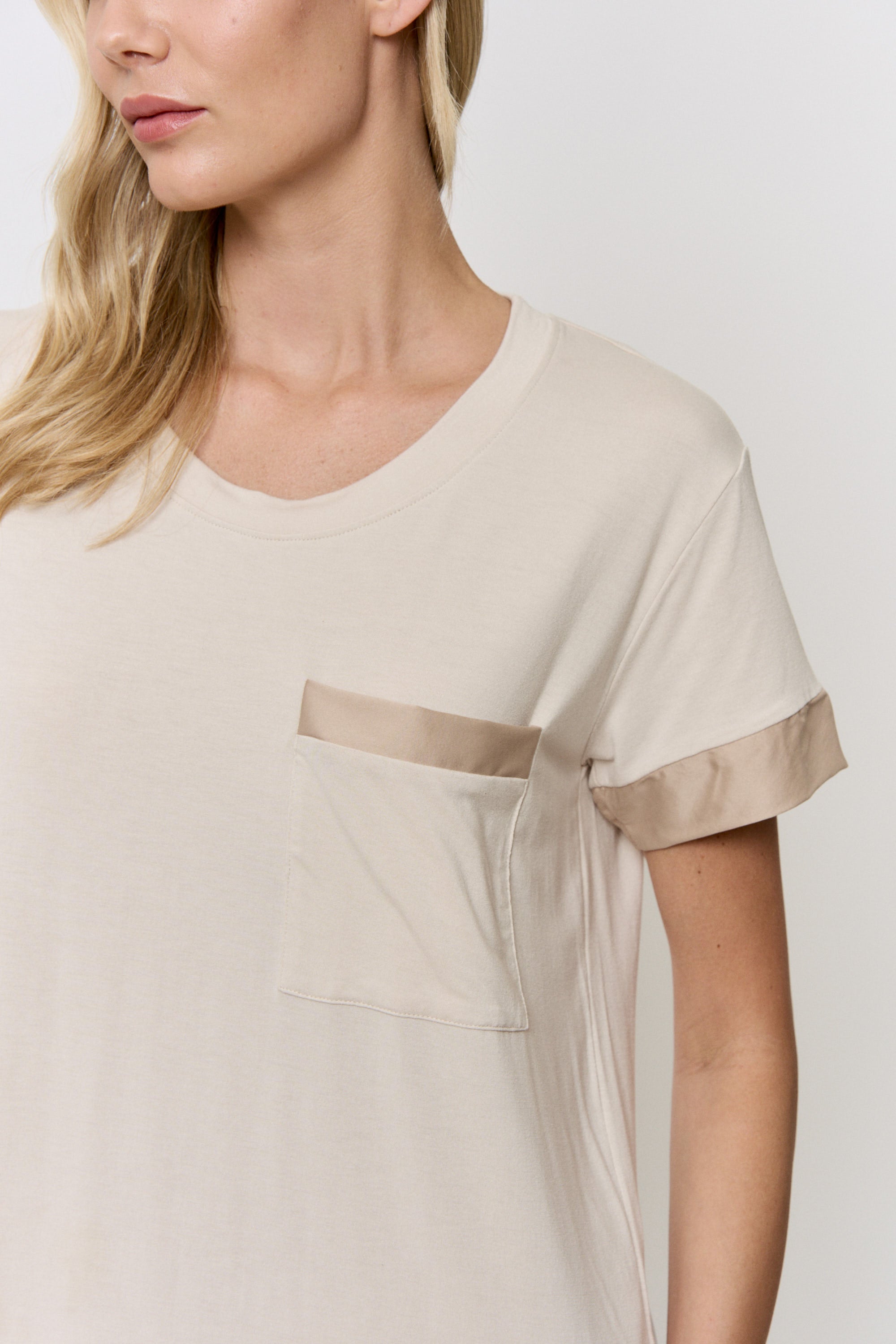 Walnut Shell Dyed Modal T-Shirt Dress with Silk Trim