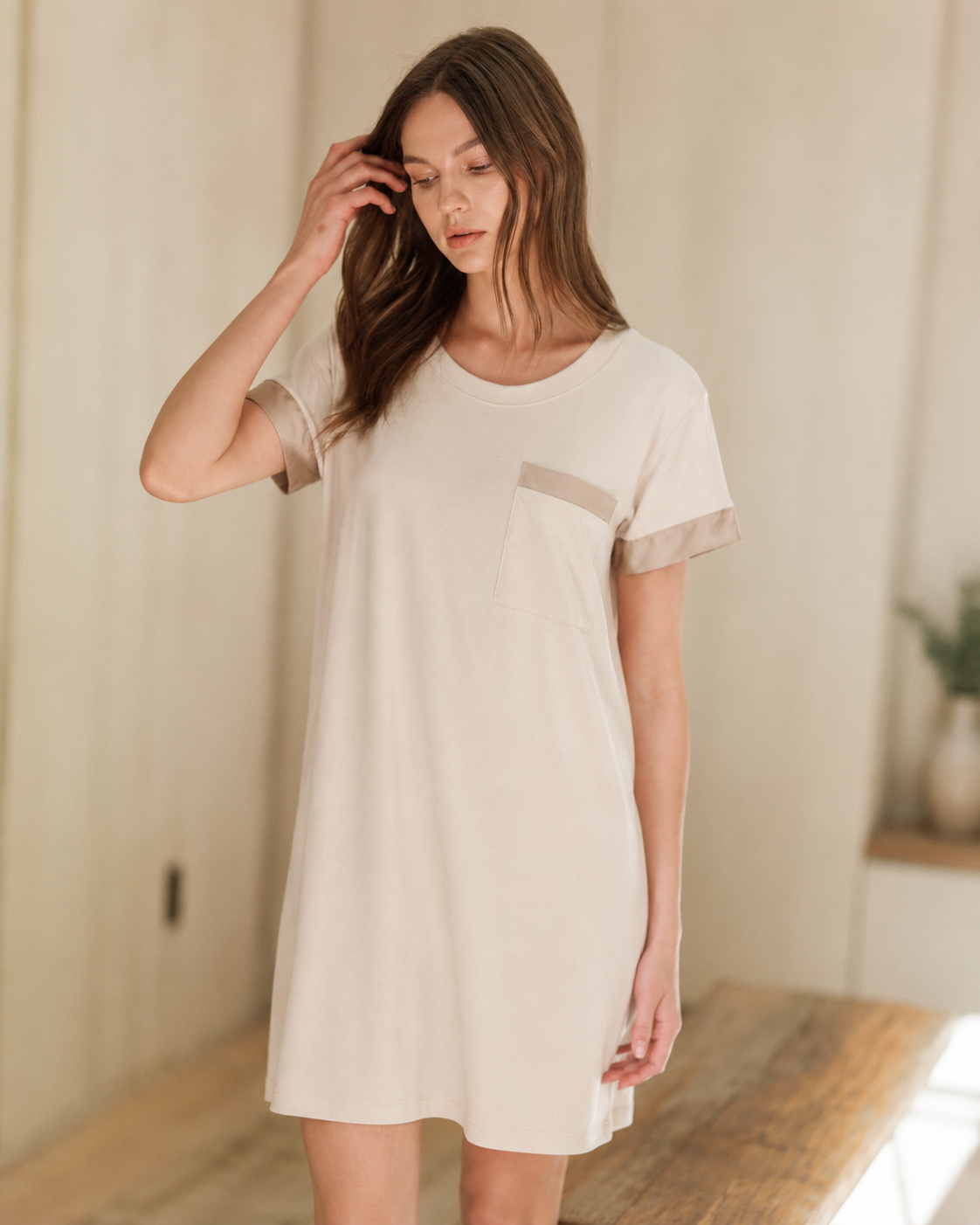 Walnut Shell Dyed Modal T-Shirt Dress with Silk Trim