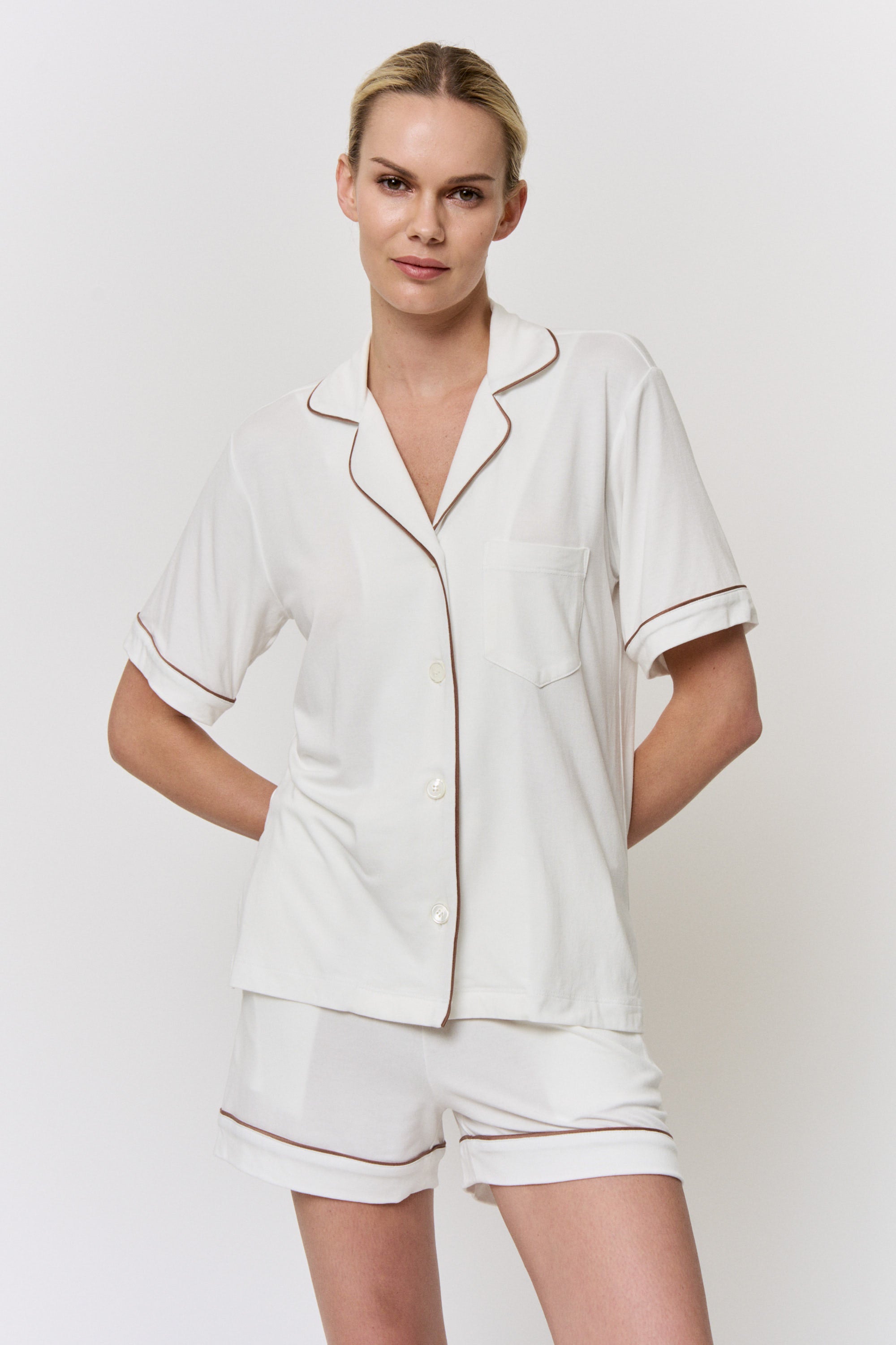 Undyed Modal Piped-Short Pajama Set in naturally dyed fabric by AGA Nature