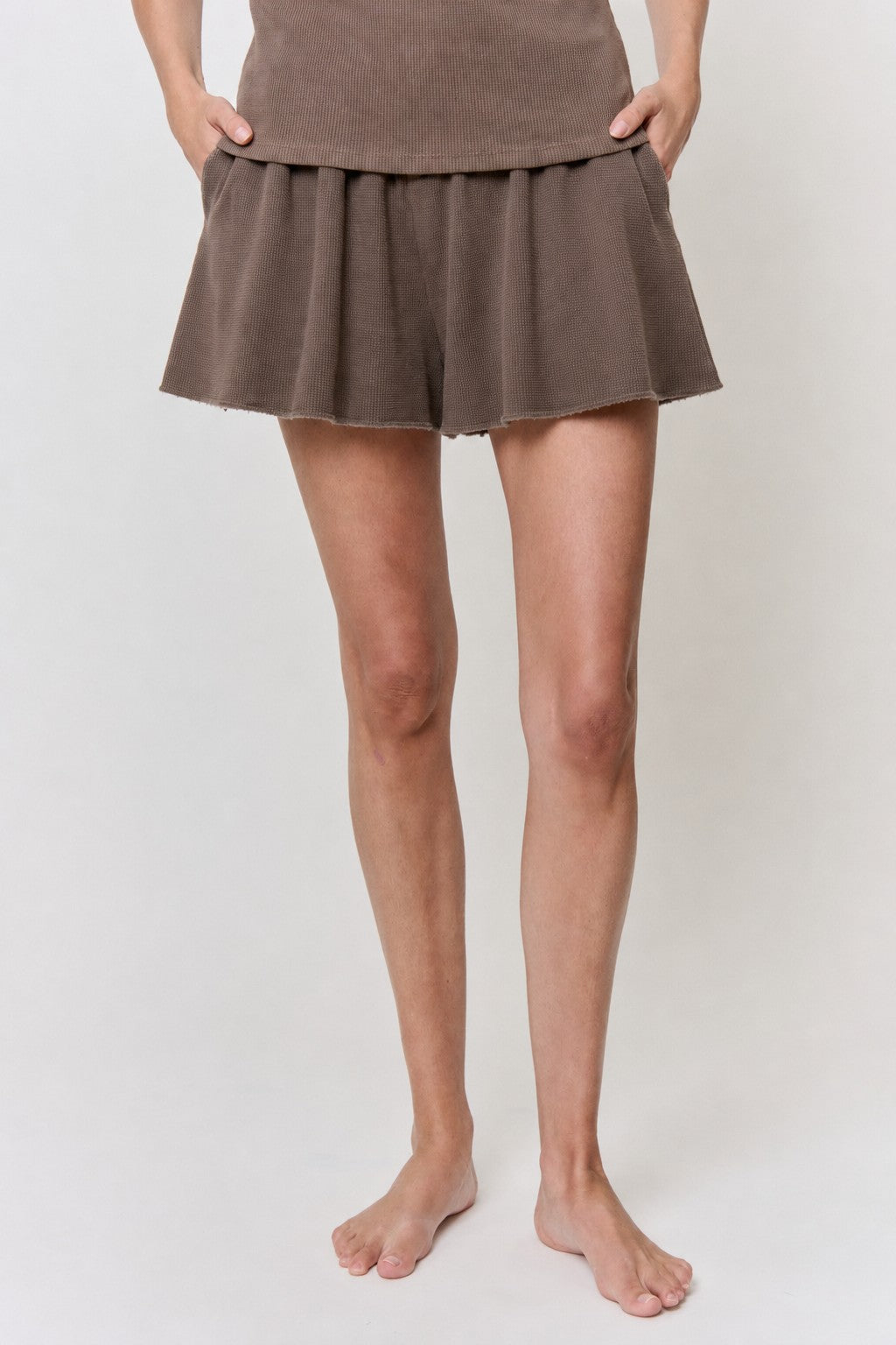 Cutch-Dyed Waffle Pearl-Button-Short in naturally dyed fabric by AGA Nature
