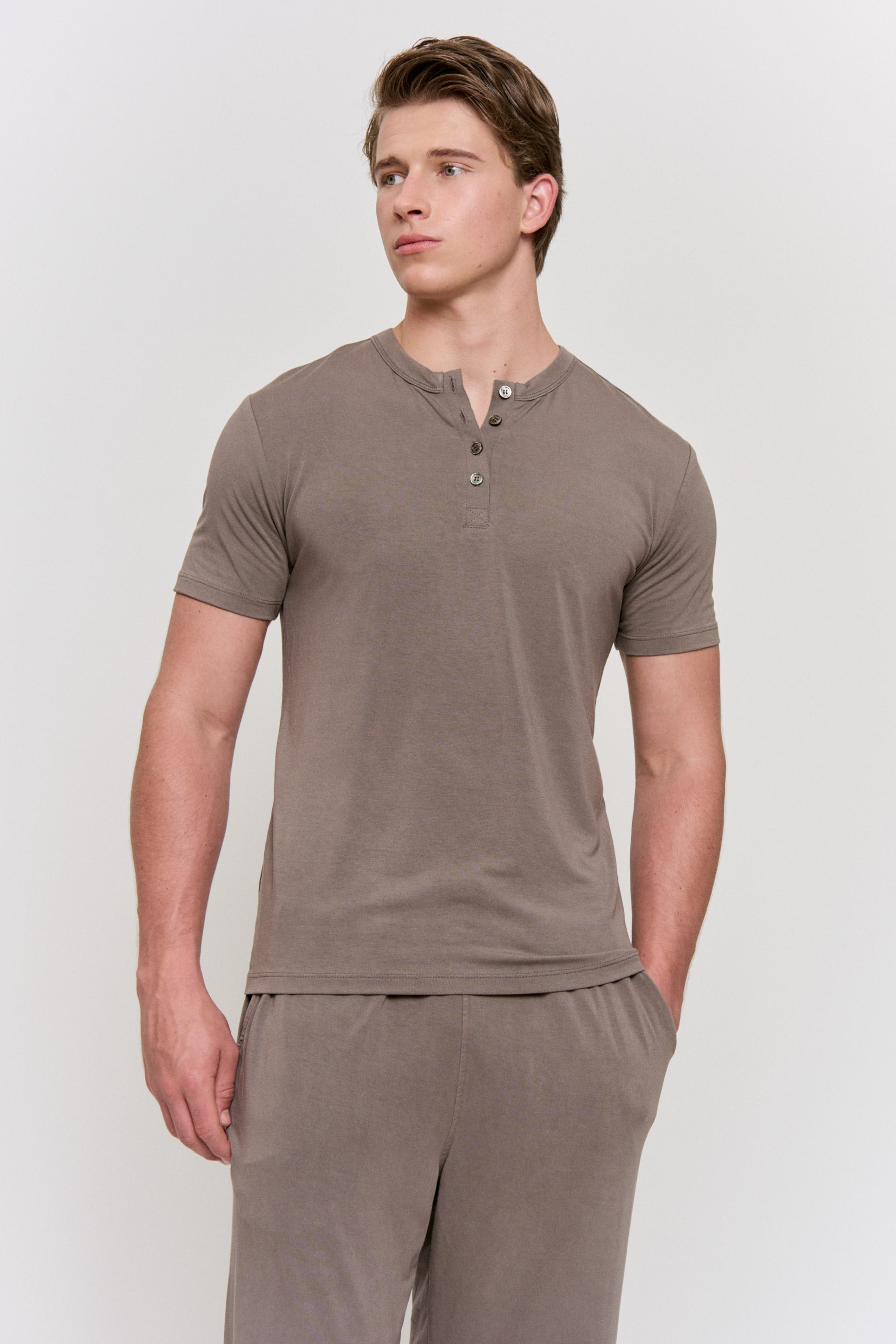 Cutch-Dyed Modal Shell-Button Tee in naturally dyed fabric by AGA Nature