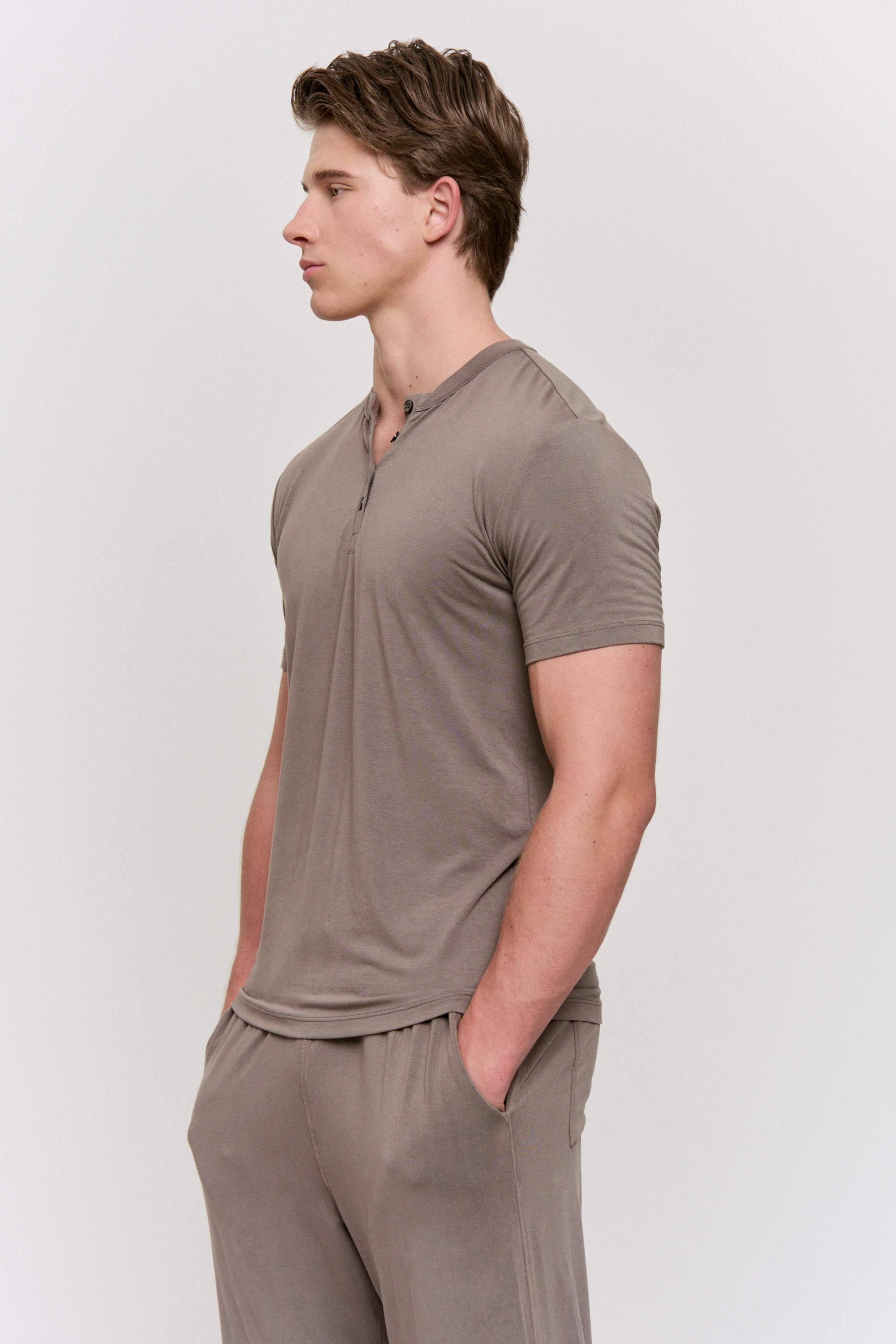 Cutch-Dyed Modal Shell-Button Tee in naturally dyed fabric by AGA Nature