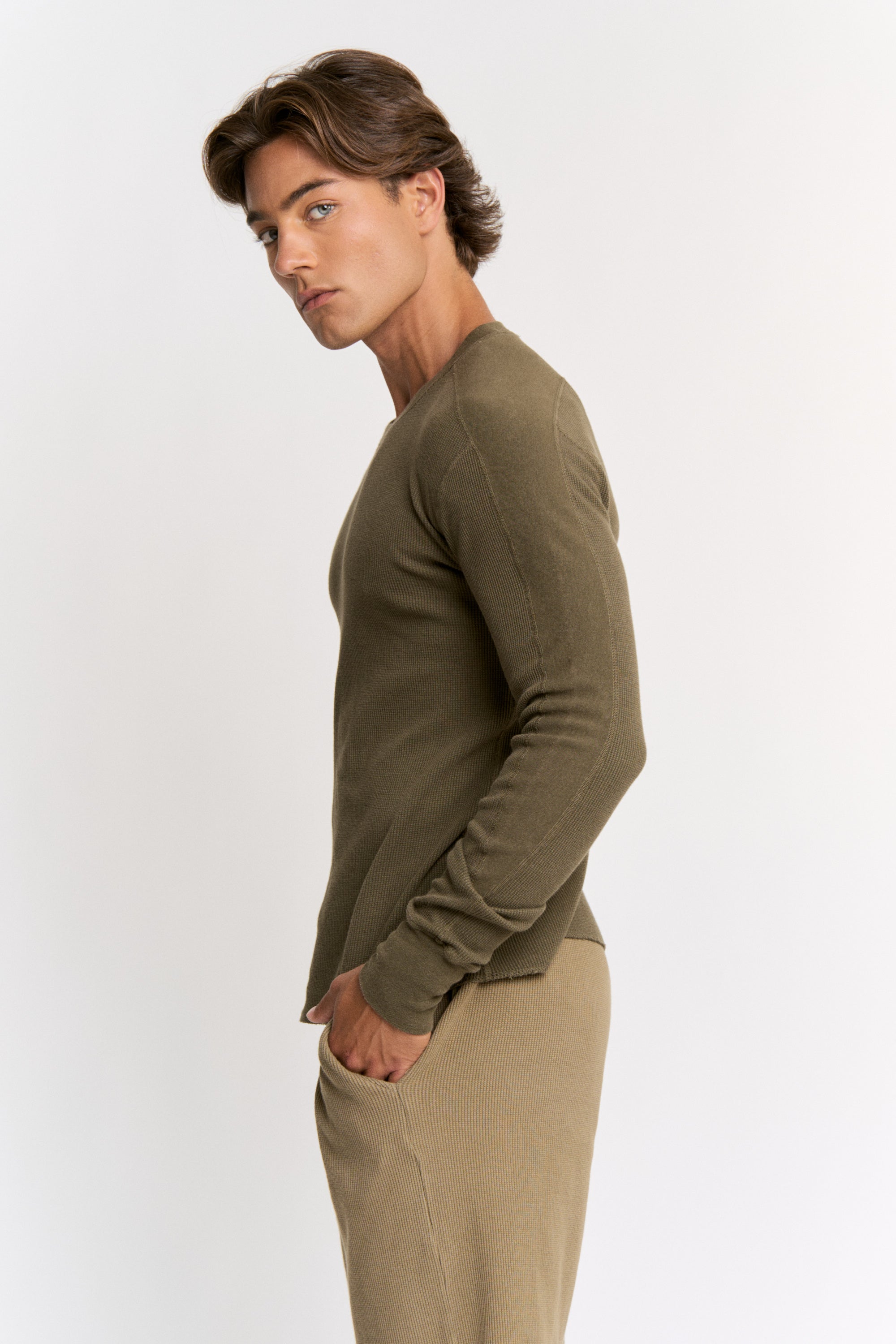 Marigold Dyed Cotton Modal Waffle Long-Sleeve Crew Neck