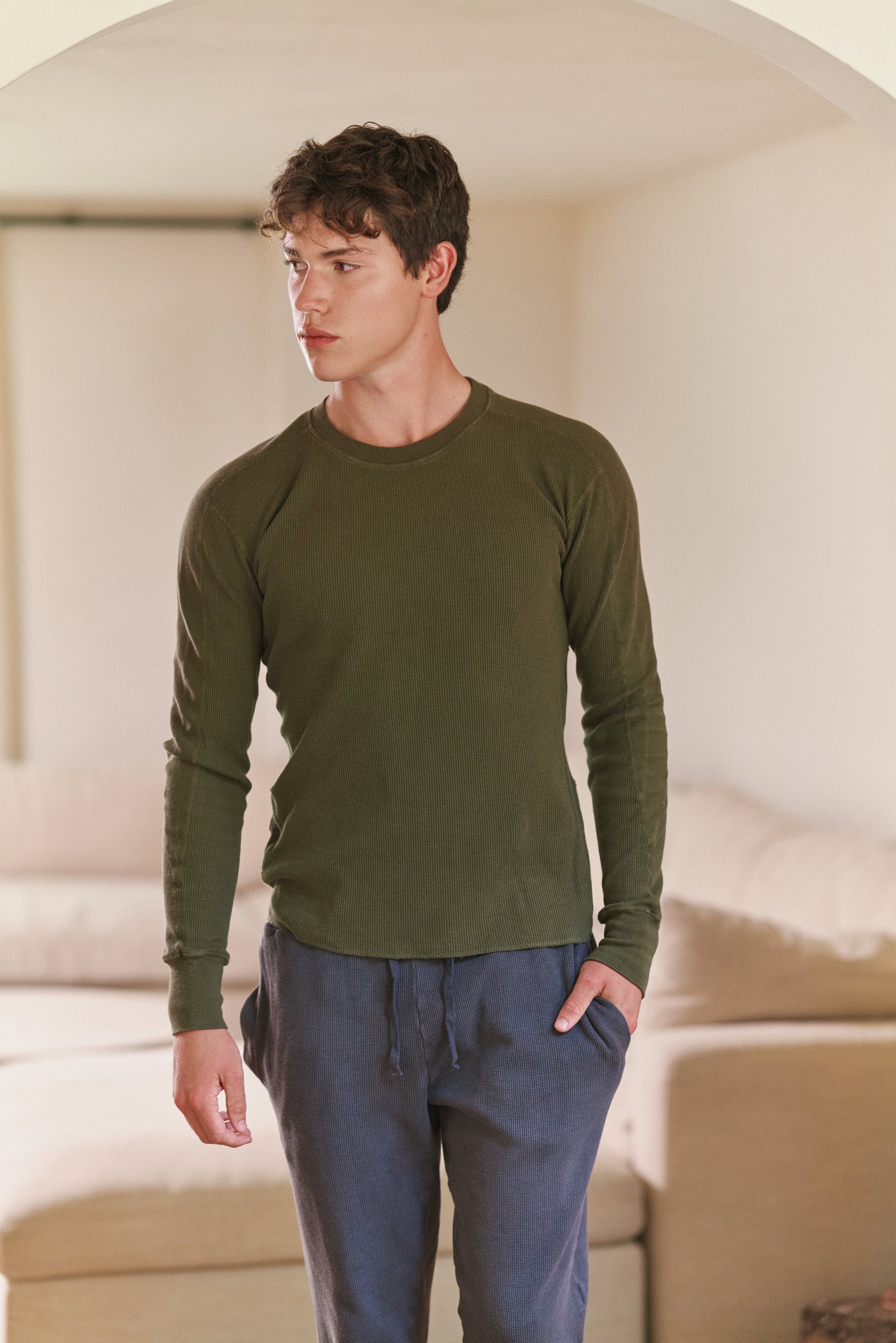 Marigold Dyed Cotton Modal Waffle Long-Sleeve Crew Neck