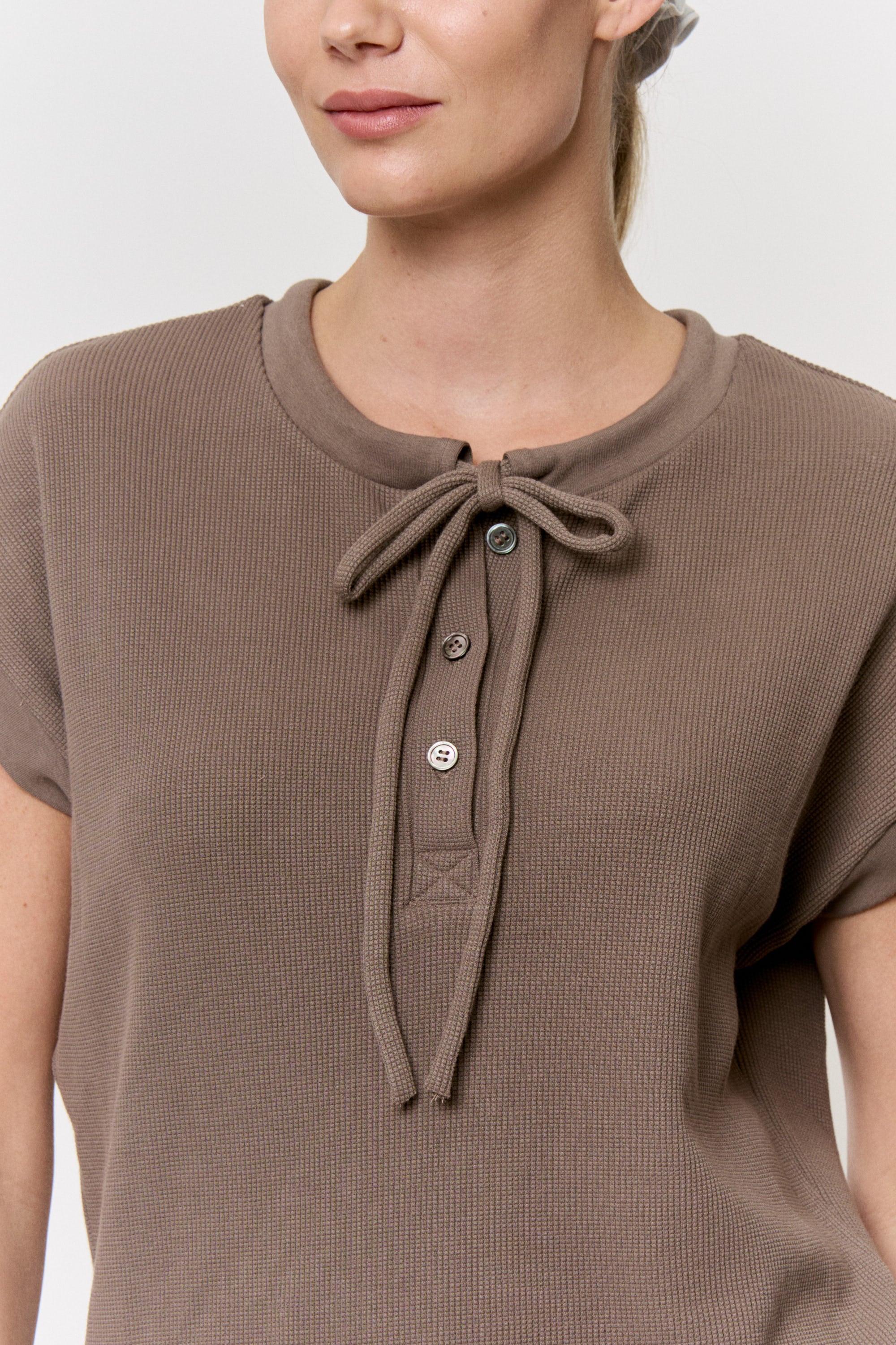 Cutch-Dyed Waffle Tie-Neck Top in naturally dyed fabric by AGA Nature