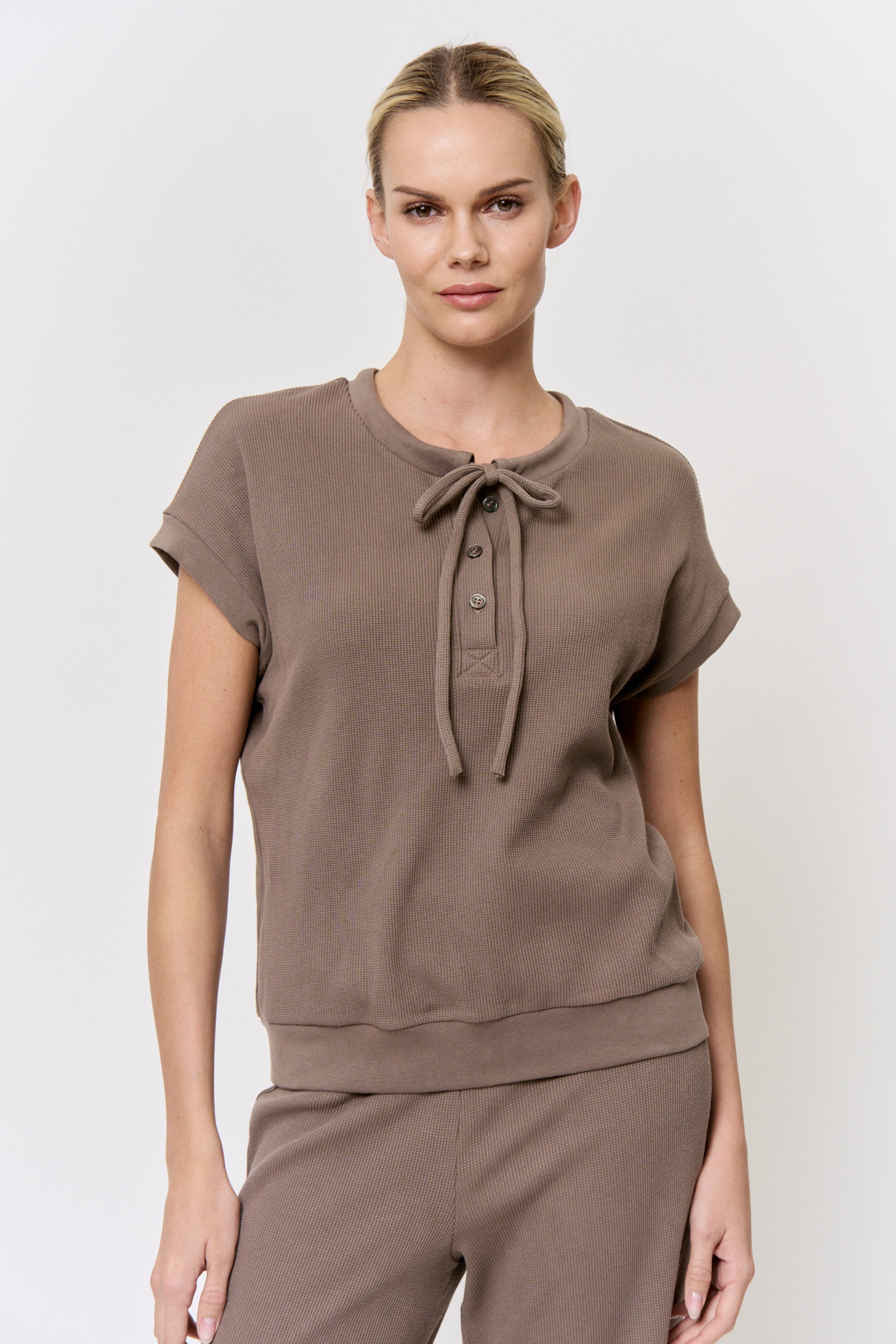 Cutch-Dyed Waffle Tie-Neck Top in naturally dyed fabric by AGA Nature