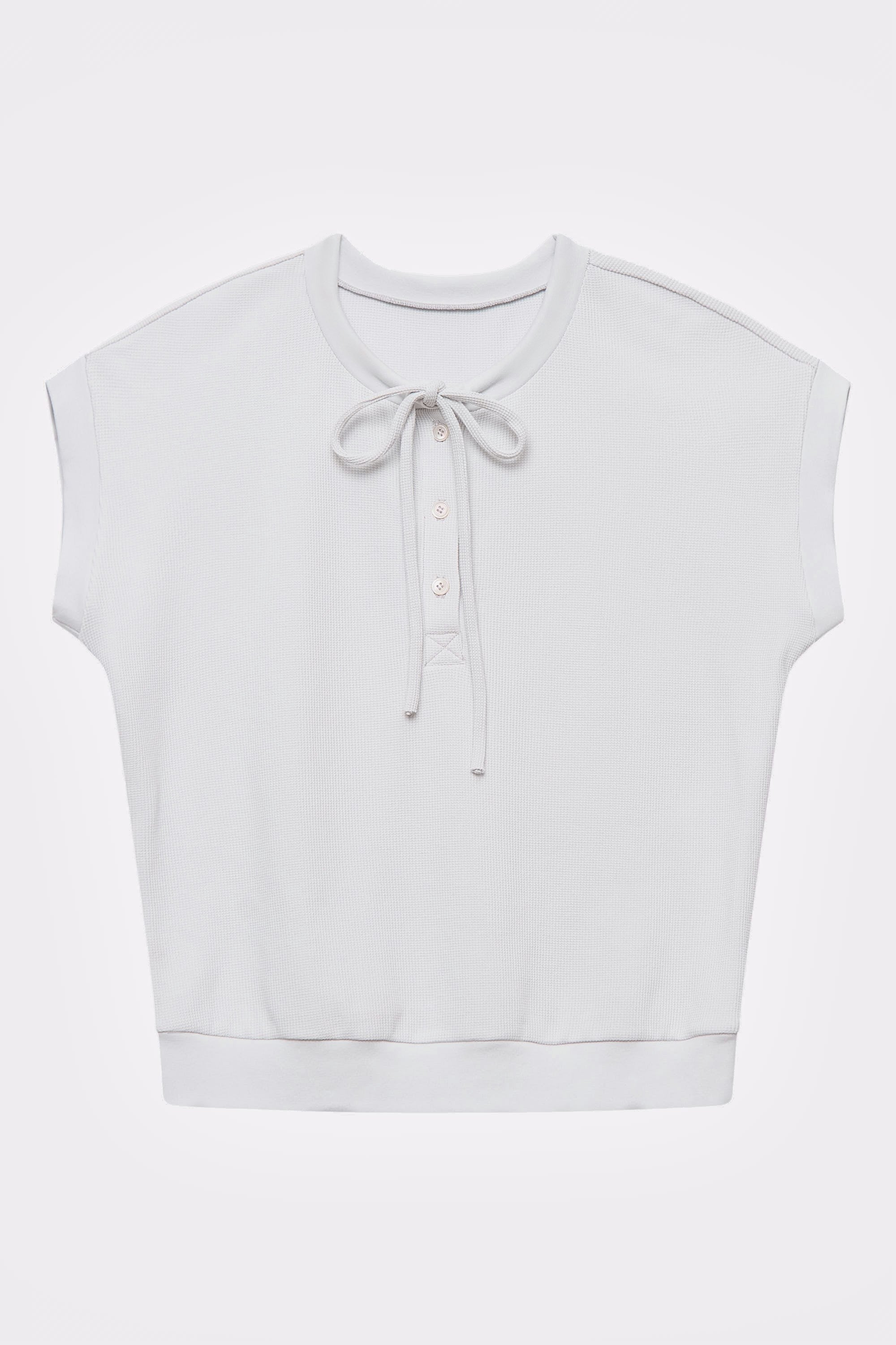 Pure Renee red cabbage-dyed waffle tie-neck top in Cloud Blue