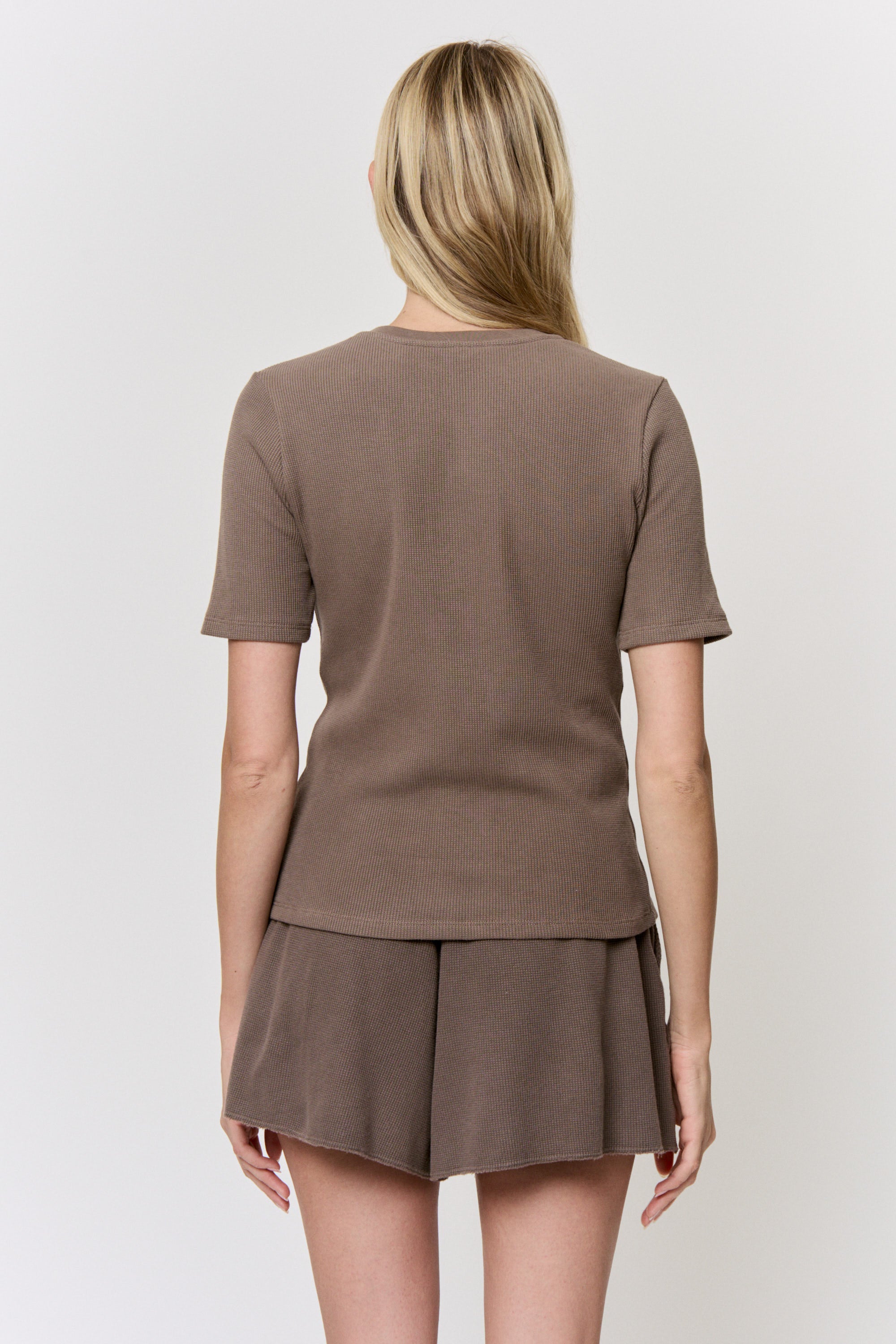 Cutch-Dyed Waffle Shell-Button Tee in naturally dyed fabric by AGA Nature