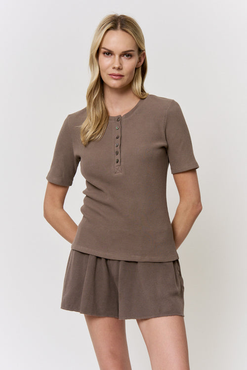 Cutch-Dyed Waffle Shell-Button Tee in naturally dyed fabric by AGA Nature