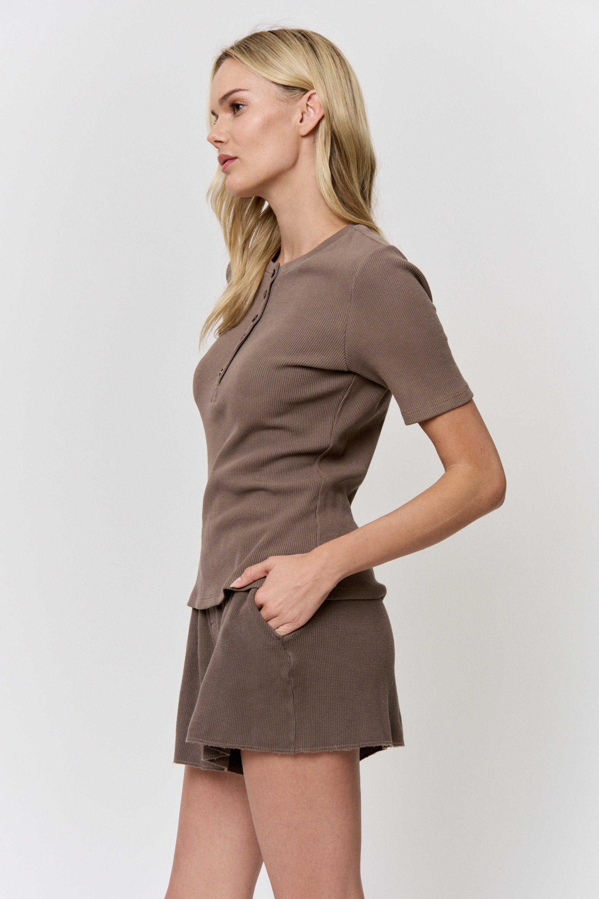 Cutch-Dyed Waffle Shell-Button Tee in naturally dyed fabric by AGA Nature