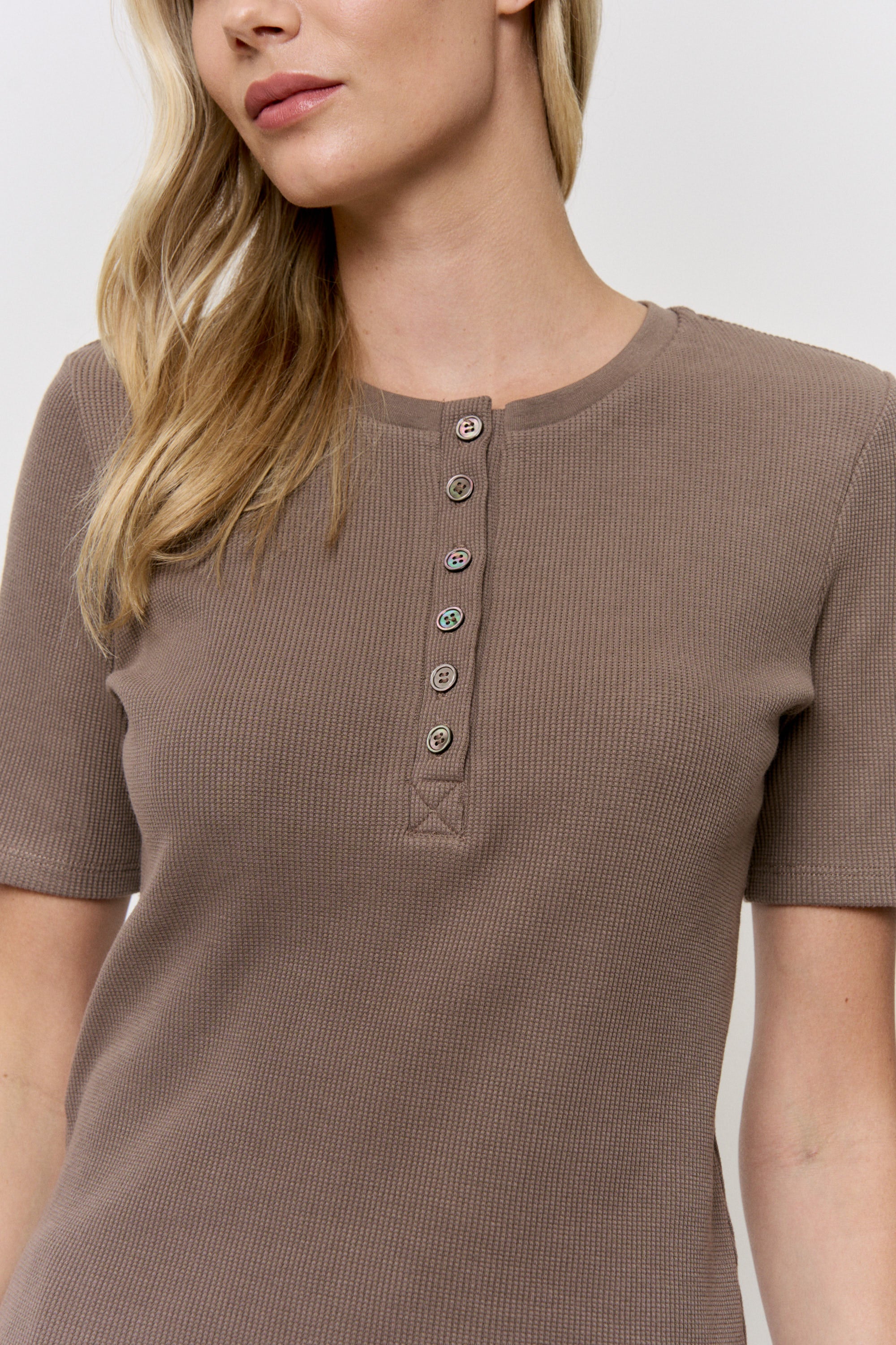 Cutch-Dyed Waffle Shell-Button Tee in naturally dyed fabric by AGA Nature