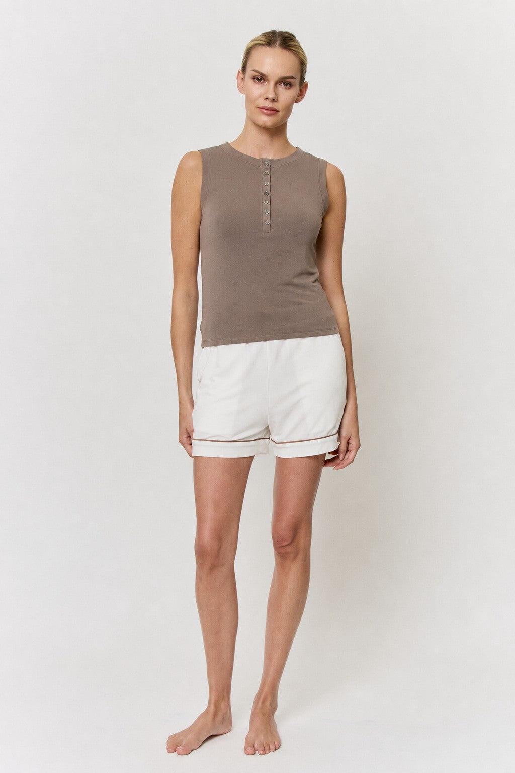Cutch-Dyed Modal Shell-Button Tank in naturally dyed fabric by AGA Nature