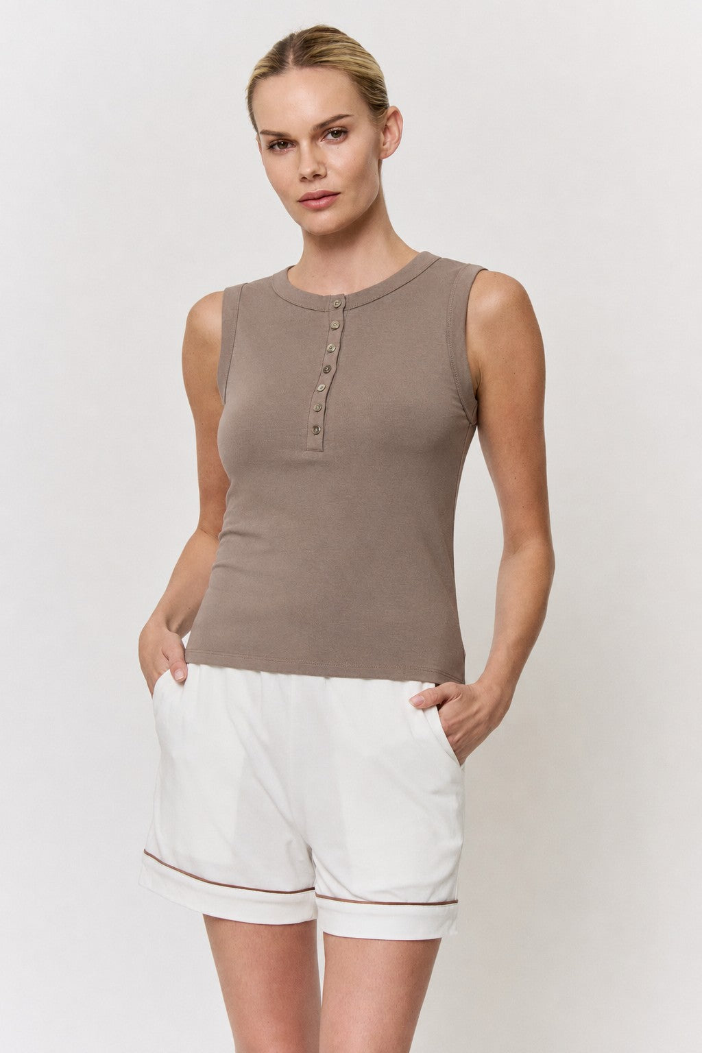 Cutch-Dyed Modal Shell-Button Tank in naturally dyed fabric by AGA Nature